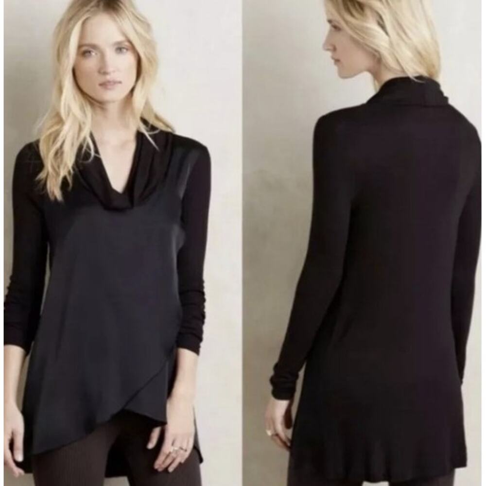 Deletta Anthropologie Black Small Cowl Neck Long Pullover Satin Front Sweater